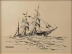 Maurice MELISSENT (Le Havre, 1911-1988)
Trois mâts-barque. 
Crayon noir et rehauts...