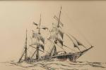 Maurice MELISSENT (Le Havre, 1911-1988)
Trois mâts-barque. 
Crayon noir et rehauts...