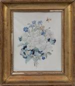Elisa Emilie NAVARRE-LEMIRE (1807-1868)Jeté de fleurs blanches et bleues à...