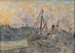 Anatole Eugène HILLAIRET (1880-1928)"Port du Louvre".Huile sur toile marouflée sur...