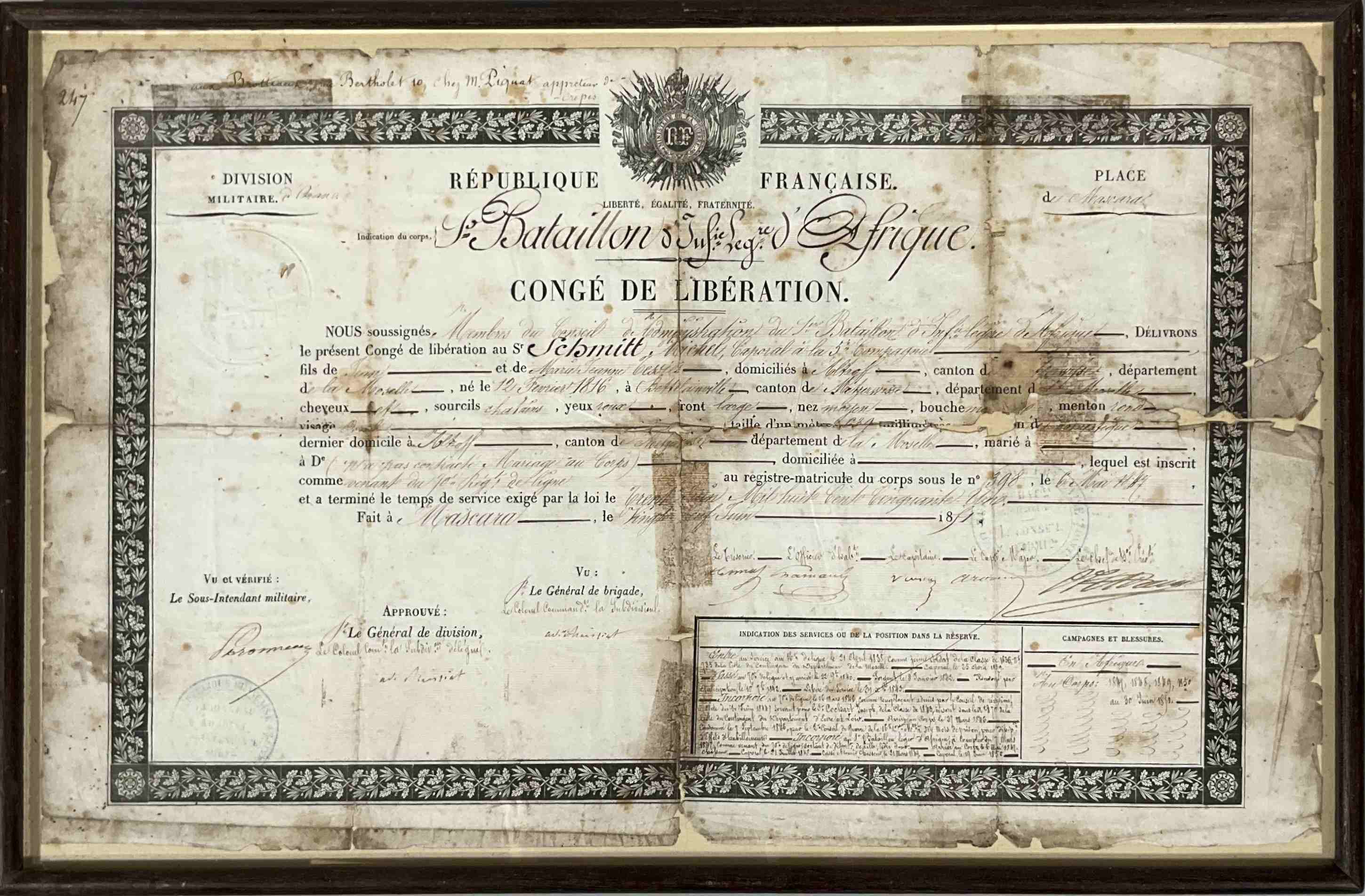 CONGE DE LIBERATION du 1er Bataillon d'Infanterie Légère d'Afrique daté...