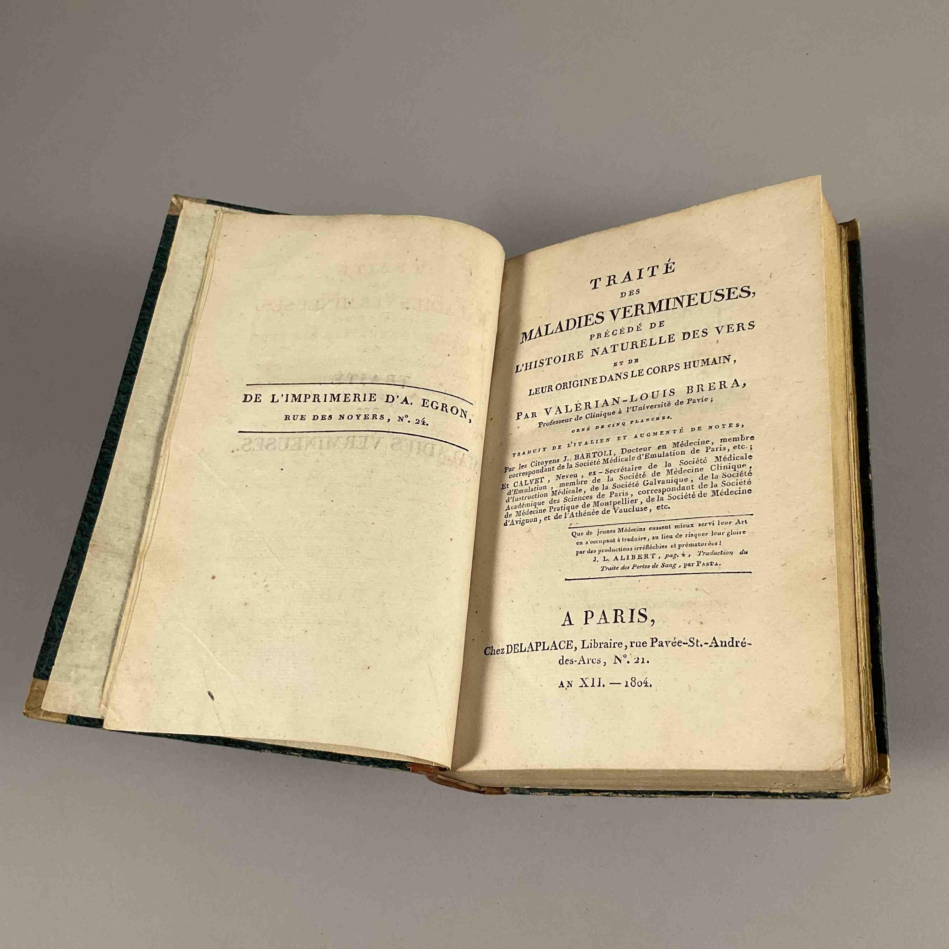[Médecine] Valérian-Louis Brera, Traité des maladies vermineuses.Paris, Delaplace, an XII-1804....