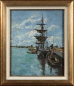 Marcel DEBUT (Paris, 1865 - Vaudreuil, 1933)Gravelines, navires à quai.Huile...